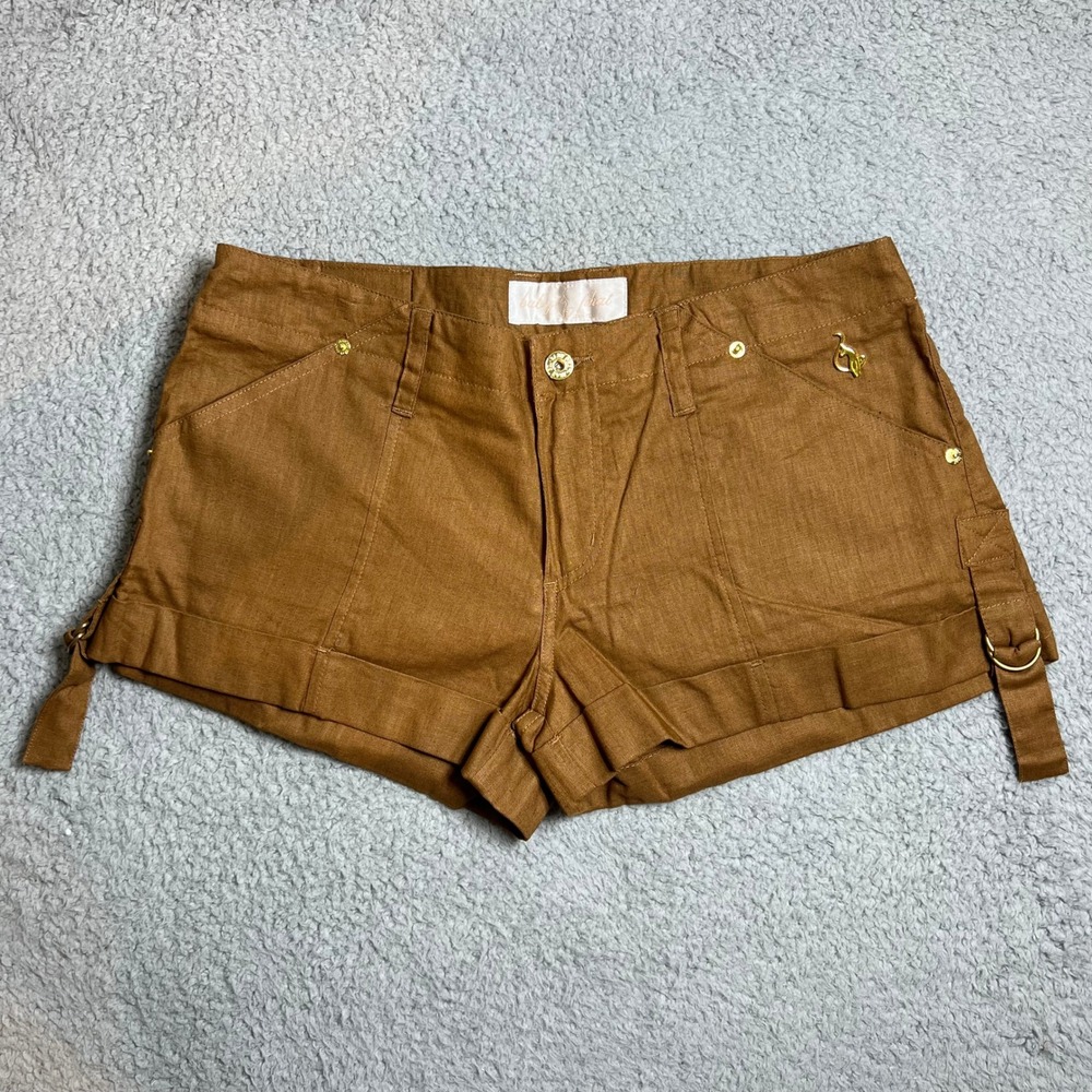 Baby Phat Women's Brown‎ Linen Blend Shorts with Gold Cat Charm Size 7 NWT